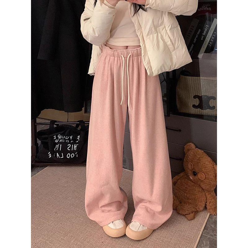 Pink Velvet Pants Warm Casual Pants Loose Pants Women's Clothing Fall High Waist Thick Straight-Leg Pants Mop Pants Pants