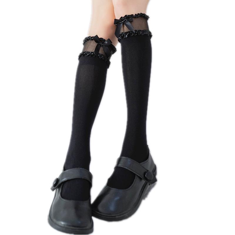 Lolita Long Socks With Lace Bow Calf Socks Velvet Female Socks Knee-Length Jk Students Black White Thigh High Stockings