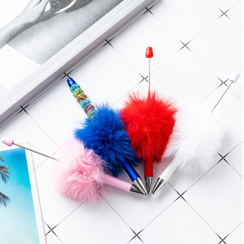 6Pcs Beadable Ballpoint Pen Plush Ball Ballpoint Pen Write Smoothly Novelty Writing Pen for Student Kid Game Reward