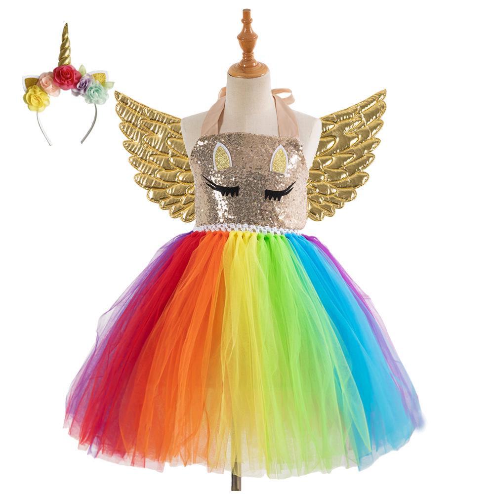 Regenbogen Pailletten Einhorn Kleid mit Flügeln & Kopfschmuck - Europäischer & Amerikanischer Stil 2026 für Mädchen