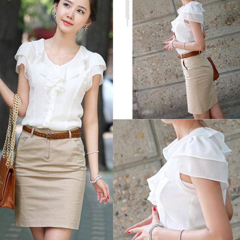 1pcs Woman Summer Korean Ruffled Shirt Lady Chiffon Lotus Leaf Sleeves Turndown Collar Slim Fit Shirt Female Business Attire Top