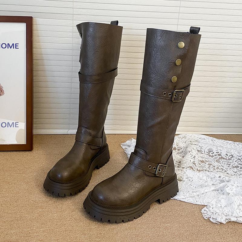 Retro Style Two Wear Folded Thick-soled Boots Women's 2025 New Autumn Fashion Thick Heel Thin Knee Buttons