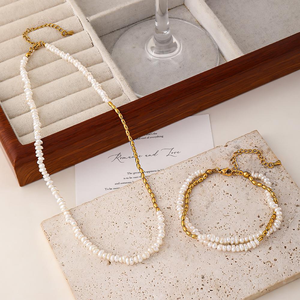 GEMCHIC Women's Freshwater Pearl Necklace and Bracelet Set Stainless Steel Layered Jewelry