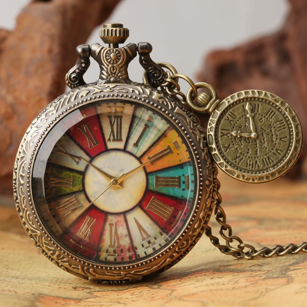 

Retro Bronze Roman Numeral Glass Colorful Dial Pocket Watch With Roman Label Necklace Pendant Quartz Clock Gift Men and Women