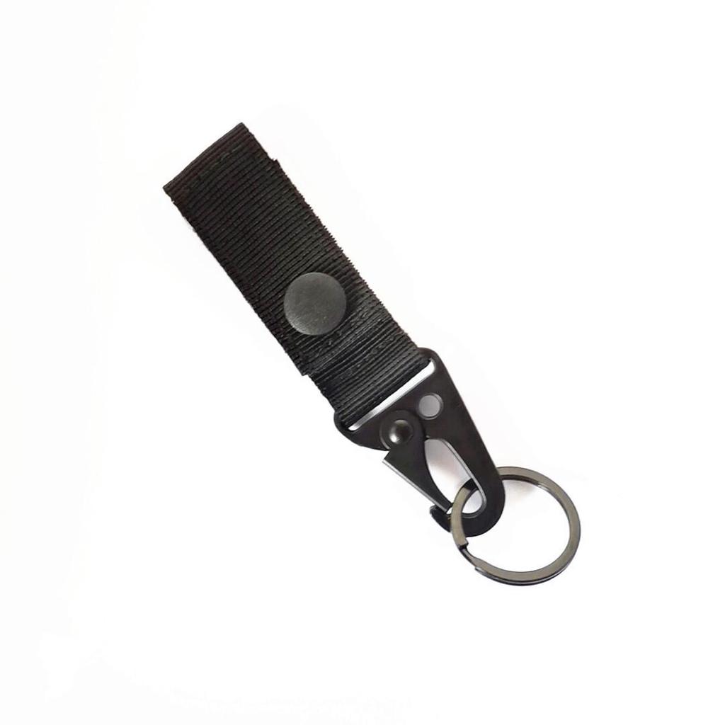 Tactical Camouflage Eagle Beak Buckle Keychain with Quick Release Carabiner and Nylon Webbing.
