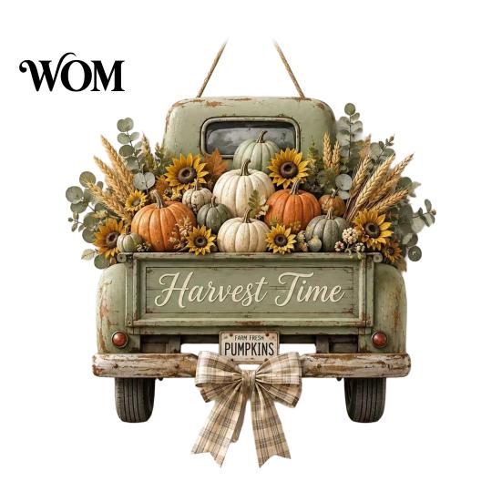 Retro Pickup Truck Decor for Home Harvest Pumpkin Hanging Sign Front Door, Wooden Fall Door with Decorative Holiday Wall Plaque Hemp Rope, Distressed