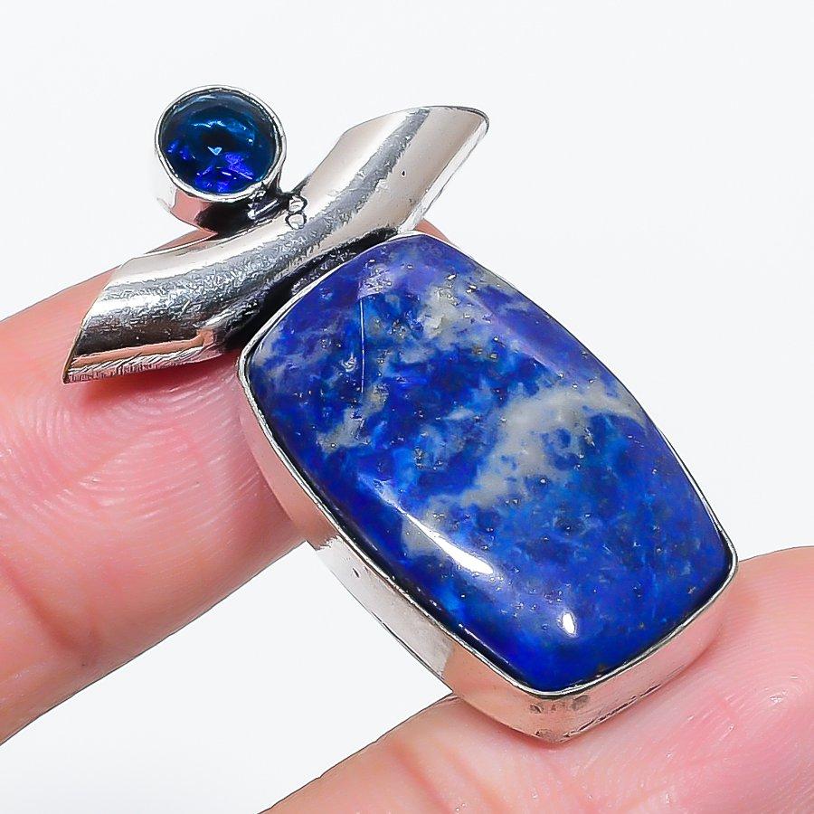 Natural Lapis Lazuli, Topaz 925 Sterling Silver Jewelry Pendant 1.58" I2U99