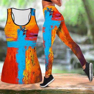 Blue Cross Print Yoga Outfit for Women Fashion Workout Leggings Fitness Sports Casual Yoga Set Sports Suit
