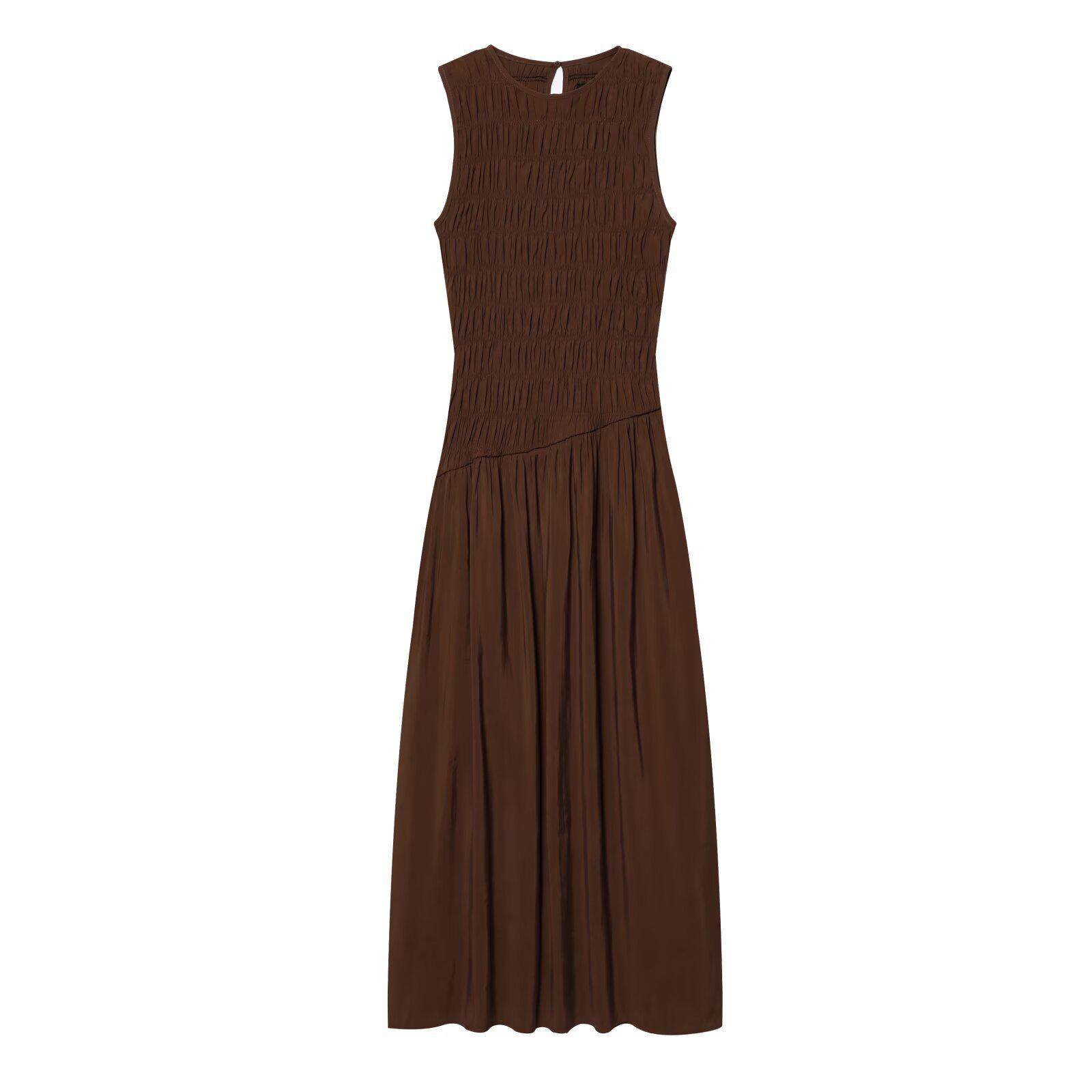 

2026 Hot-Selling Retro Coffee Pleated Sleeveless Women s Long Dress with Waist-Cinched Big Hem Medium