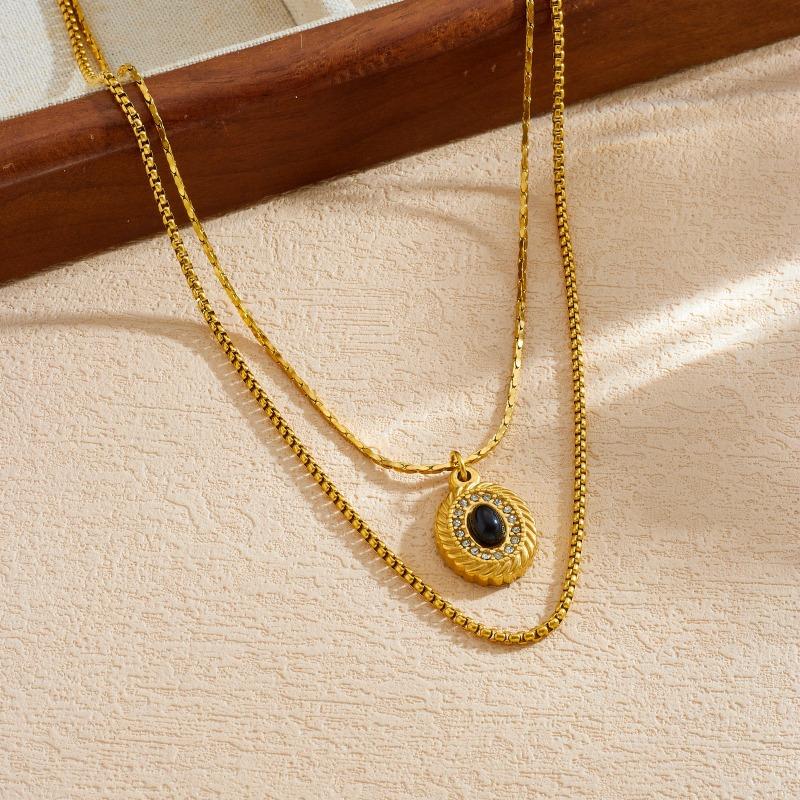 Gold Plated Stainless Steel Layered Black Stone Pendant Necklace for Women