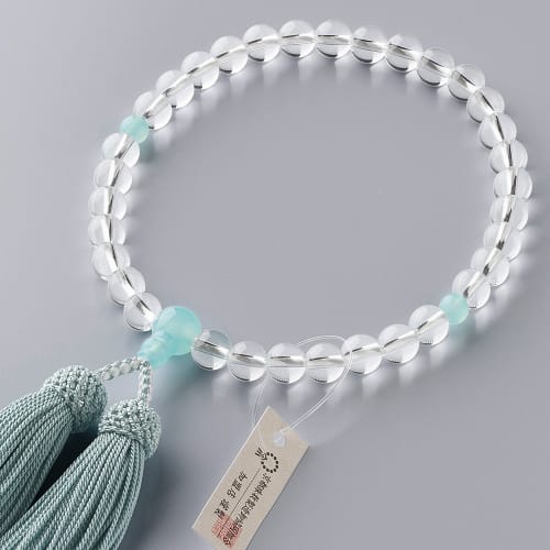 Buddhist Altar Shop Takita Shoten Kyoto Buddhist Prayer Beads for Women, Genuine Crystal and Sea Blue Chalcedony, 8mm Beads, Silk Tassel, Prayer Bead