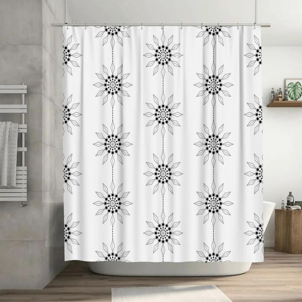 White Shower Curtain With Black Snowflake Pattern Decorative Hanging Rings For Bathroom Use Waterproof Fabric Material