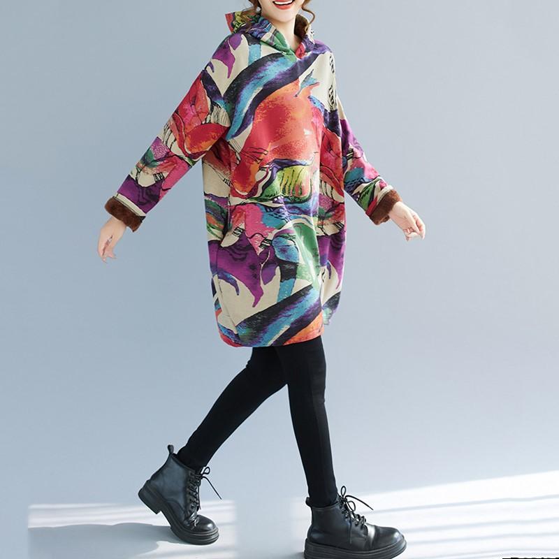 Long Sleeve Plus Size Cotton Hooded Vintage Floral New In Dresses for Women Casual Loose Mini Spring Autumn Winter Dress