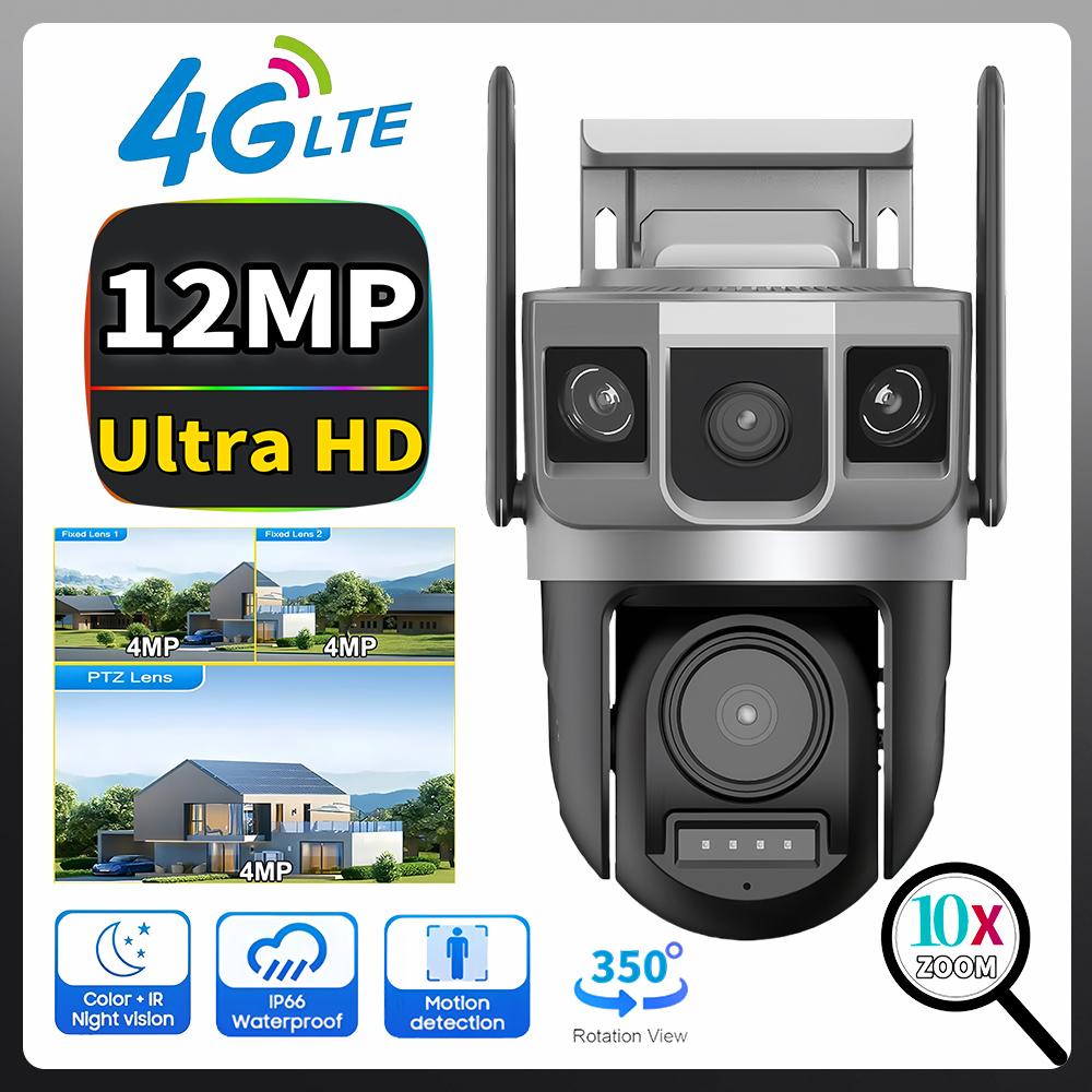 

12MP 4G SIM-карта Outdoor 2 Lens 3 Frame PTZ CCTV Auto Tracking 6K HD Night Vision Security PIR IP-камера для виявлення людини 4G CCTV no card
