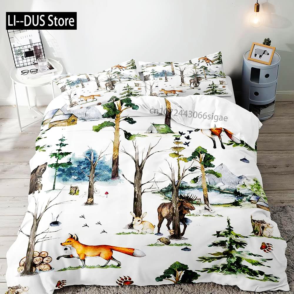 Farmhouse Bedding Sets Deer Elk Moose Mountain Woodland Animals Duvet Cover, Rustic Bedroom Decor, 2 Pillowcases Bedroom Decor
