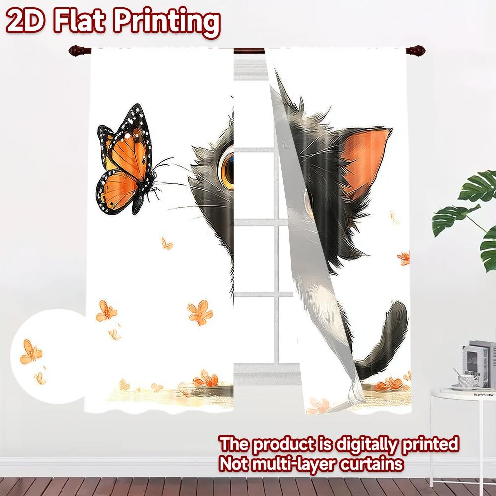 2D flat printing 2pcs Drapes Cute Black Cat Butterfly Digital Printed Polyester Drapes Festive Curtains Use for Festive and