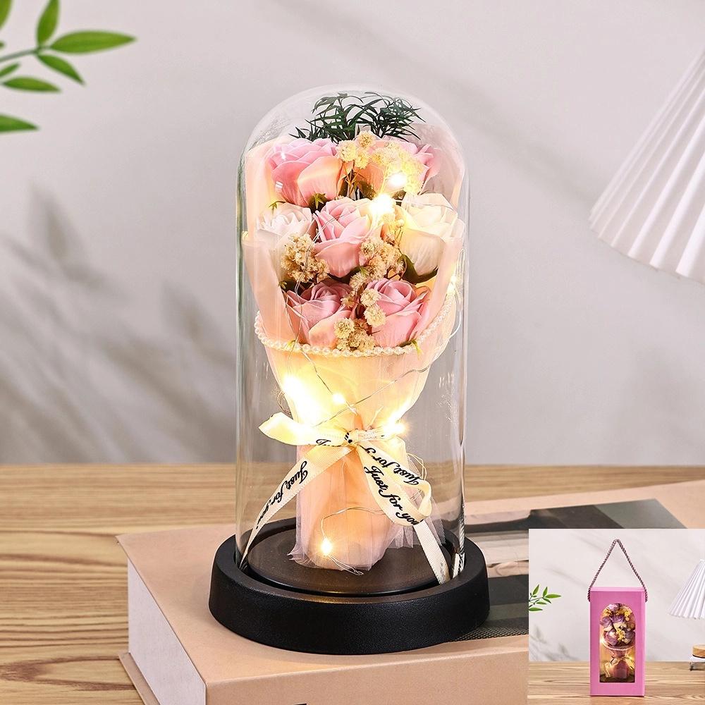 Everlasting Rose LED Glass Dome Bouquet Romantic Illuminated Ornament Perfect Valentine's Day Christmas Home Decor Romantic Gift