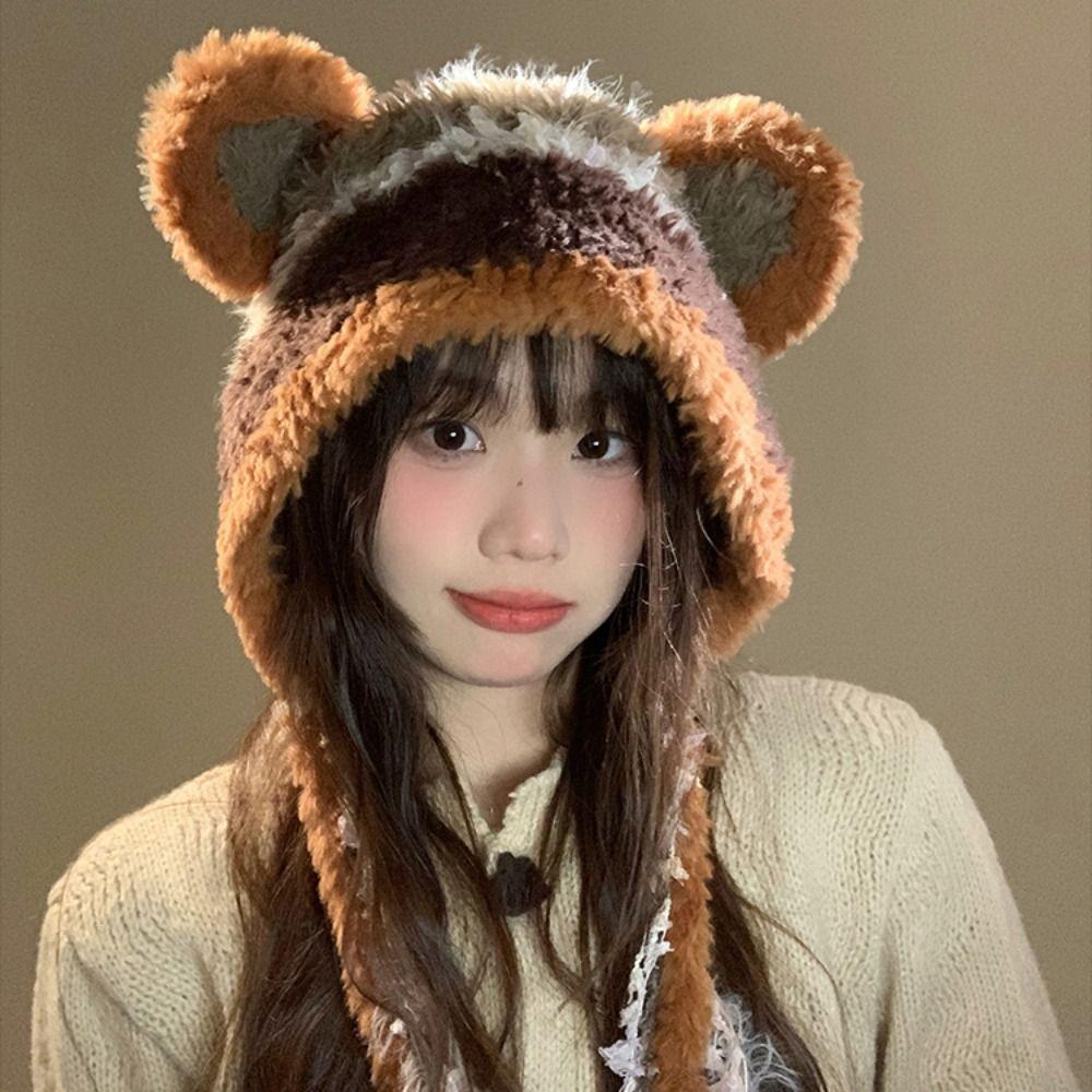 Korean Faux Fur Bucket Hat Plush Women Fluffy Hat Fashion Cute Bear Ear Hat  Female