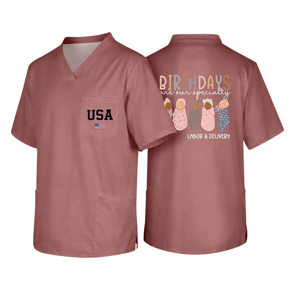 Men's Short Sleeve V-Neck Scrub Top with Pocket - Labor Day Fun Print - Uniform Tunic