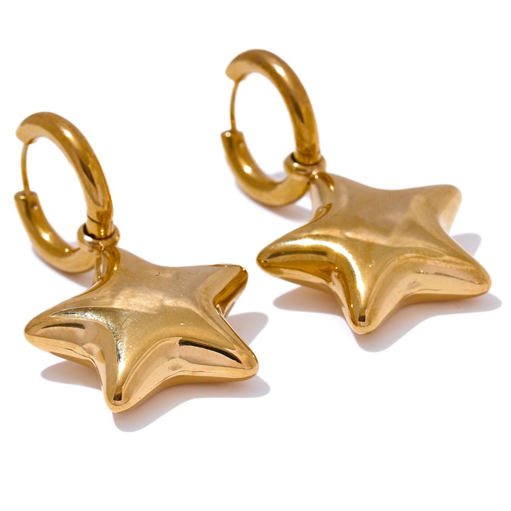 

Yhpup Fashion Stainless Steel Star Hollow Thick Drop Hoop Earrings Women 18K Gold Plated Polished Texture Charm Daily Jewelry