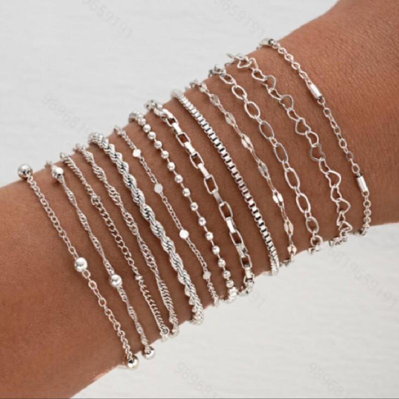 11 Pcs/Set Chic Snake Chain Bracelet Set for Women Boho Simple Elegant Heart Geometric Chain Vacation Date Casual Jewelry Gifts