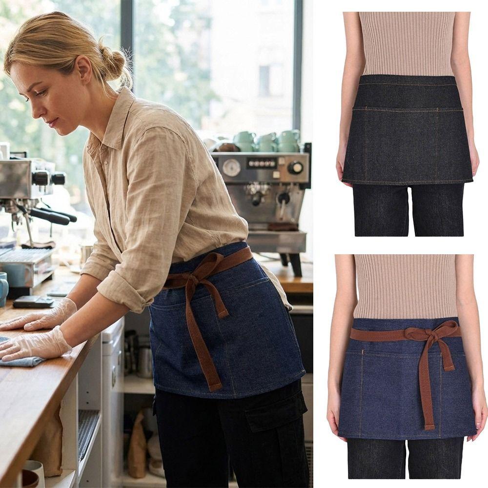 Arbeitskleidung Baumwolle Denim Denim Schürze Mehrere Taschen Unisex Denim Halb-Schürze Kurze Schürze Restaurantpersonal