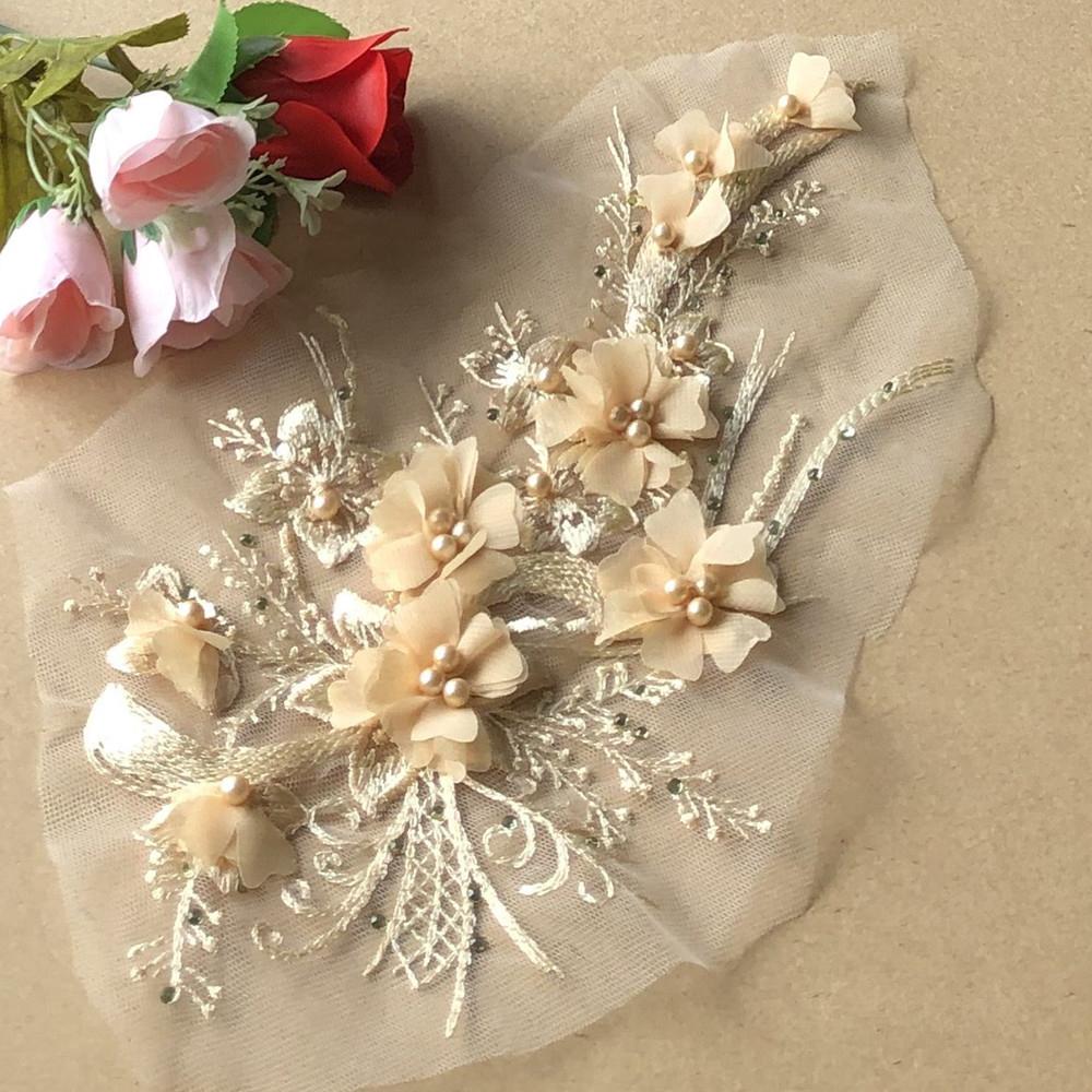 1 Stück Rosa Blau 3D Blume Perlen Stickerei Aufnäher Netzstoff Applikation Nähen Hochzeitskleid Kleidung Reparatur Dekoration