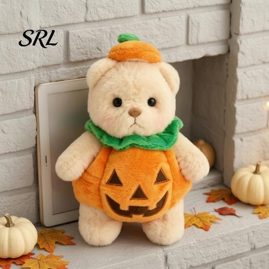 Halloween Theme Room Decor Pumpkin Bear Plush Toy, Soft Stuffed Animal for Kids, Cuddly Gift Birthday Cute Huggable Pillow Fall Holiday Home