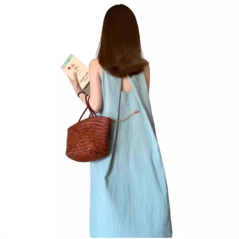French Mori Pleated Sleeveless Dress Women's Summer Lazy Wind Loose Vest Long Dress Seaside Vacation Beach Dress