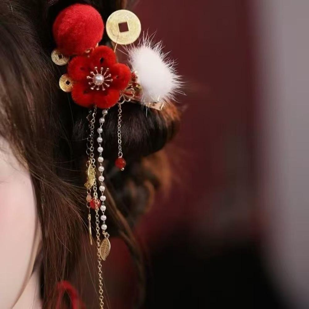 Pearl Hanfu Hair Clip Fuzzy Ball Chinese New Year Side Clip Chinese Style Ancient Hairpin Children