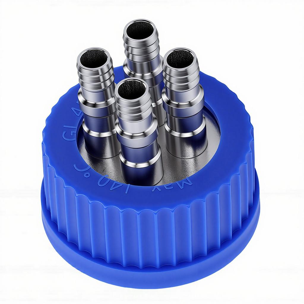 GL45 Safety Bottle Cap with 4 Port 304 Stainless Steel Interface Laboratory Liquid Mobile Phase Filling Cap Diameter 8
