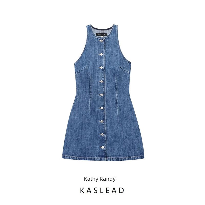 Kaslead New Arrival Women's Clothing Fashion Style Denim Round Neck Short Sleeveless Dress 6147092 427