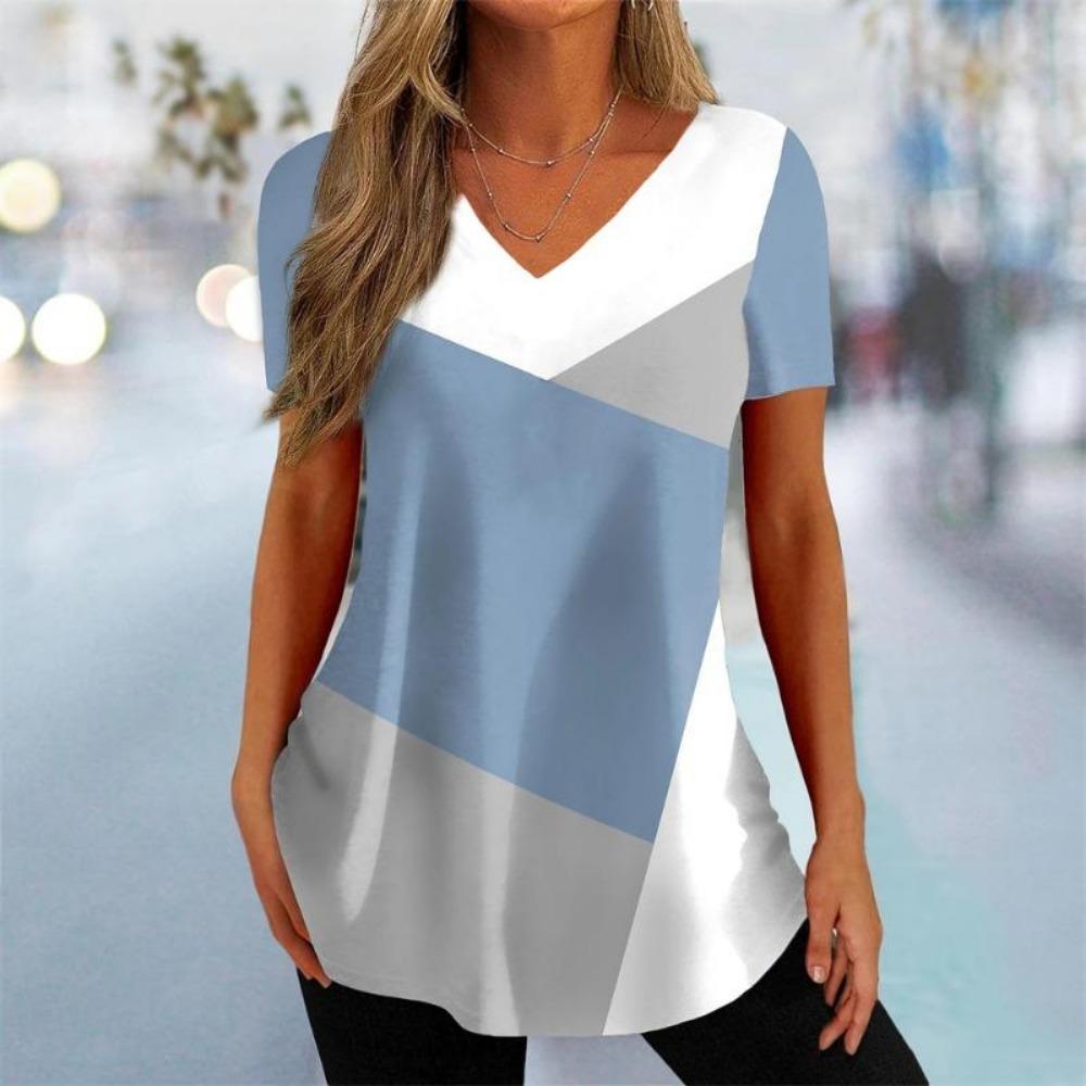 Mode Einfache Wellenkurve 3D-Druck T-Shirts Damen V-Ausschnitt Kurzarm T-Shirt Y2k Harajuku T-Shirts Lässige Tops Damenbekleidung