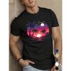 European Sizes Men's Polyester Geometric-Pattern Tropical Sunset and Palm Trees Graphic T-Shirt - Crew Neck, Regular Fit, Knit Fabric C