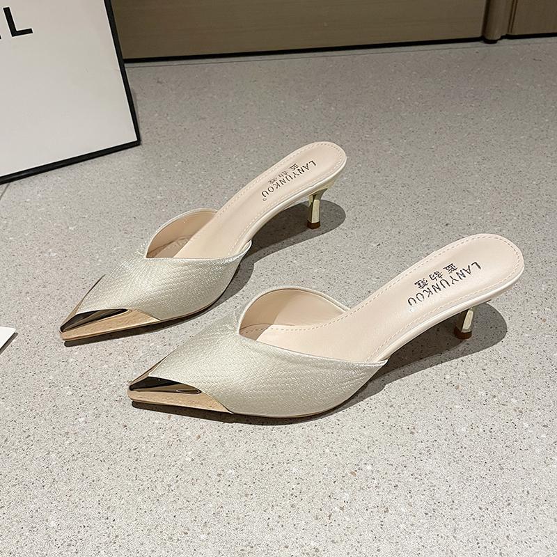 Fashion Leisure Pumps Sandals Female Office Career Thin High Heels Pointed Toe Shoes for Women Leather Slip On Summer Sandals