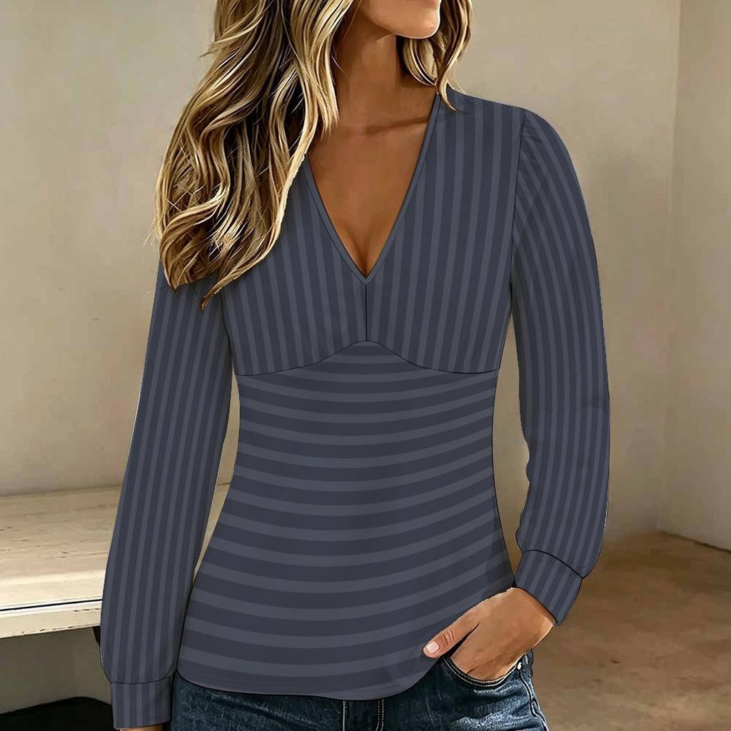 Women Plus Size V Neck Long Sleeve Blouse Vertical Stripe Print Puff Sleeve Casual Office Daily Top