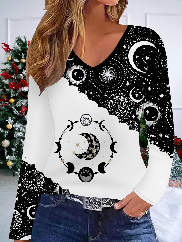 3D Vintage Pattern Printed Fashion Casual Women's V-Neck Long Sleeve T-Shirt - New Year Party Clothing Holiday Gift