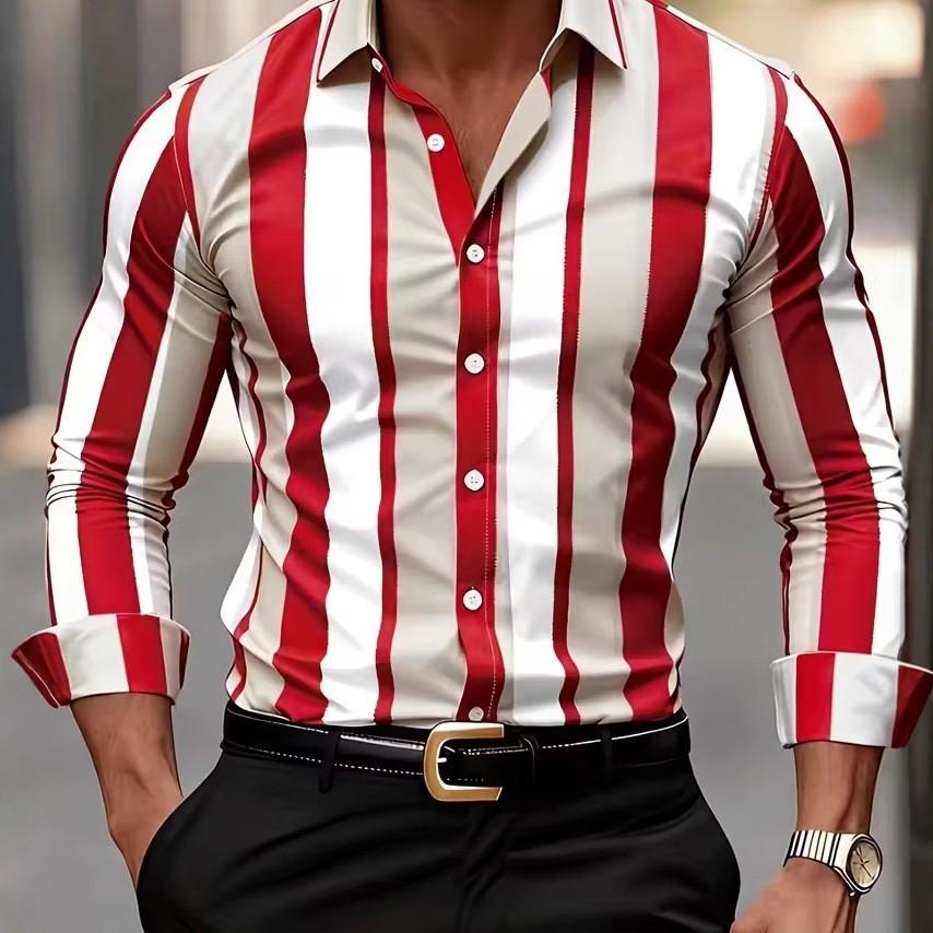 Men S Long Sleeve Slim Fit Striped 3d Print Casual Shirt