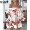 QICED Women Floral Print Mini Dress Summer Sexy Off Shoulder Flare Sleeve Tunic Dress Female Casual Boho Beach Dress