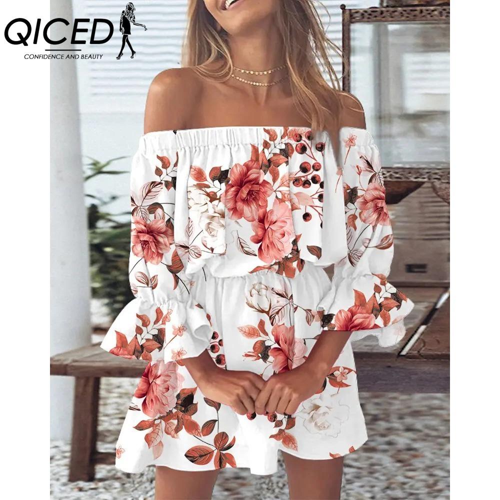 QICED Women Floral Print Mini Dress Summer Sexy Off Shoulder Flare Sleeve Tunic Dress Female Casual Boho Beach Dress