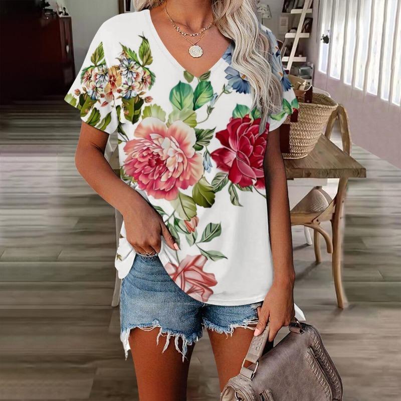 Blumen Damen V-Ausschnitt T-Shirt 3D-gedruckt Retro-Mode Casual bedruckte kurzärmlige Kleidung
