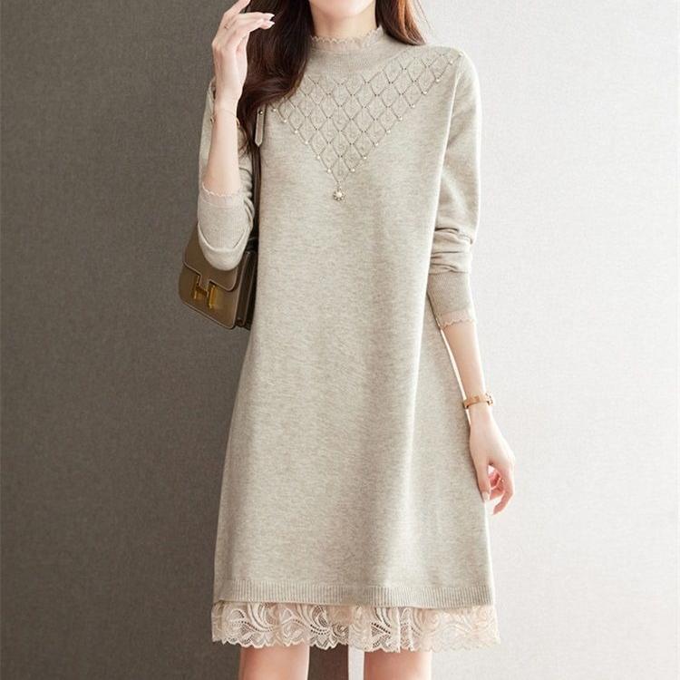 Lace Knitted Dress for Women In Autumn and Winter Large-sized Half Turtleneck Knitted Sweater Loose Mid-length Sweater Dress