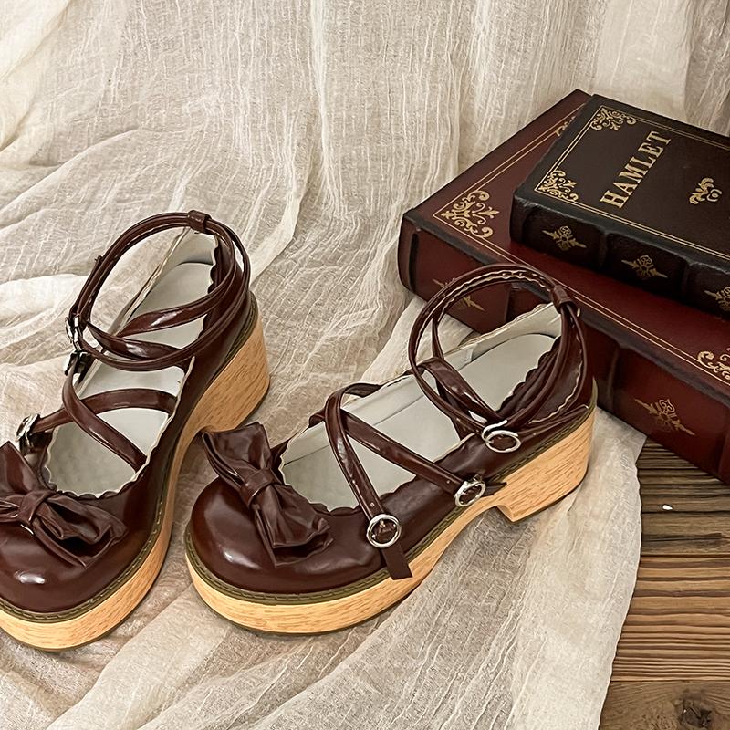Fashion Women's Cross Strap JK Lolita Shoes Spring and Autumn Leather Outdoor High Heels Mary Jane Shoelaces Bow