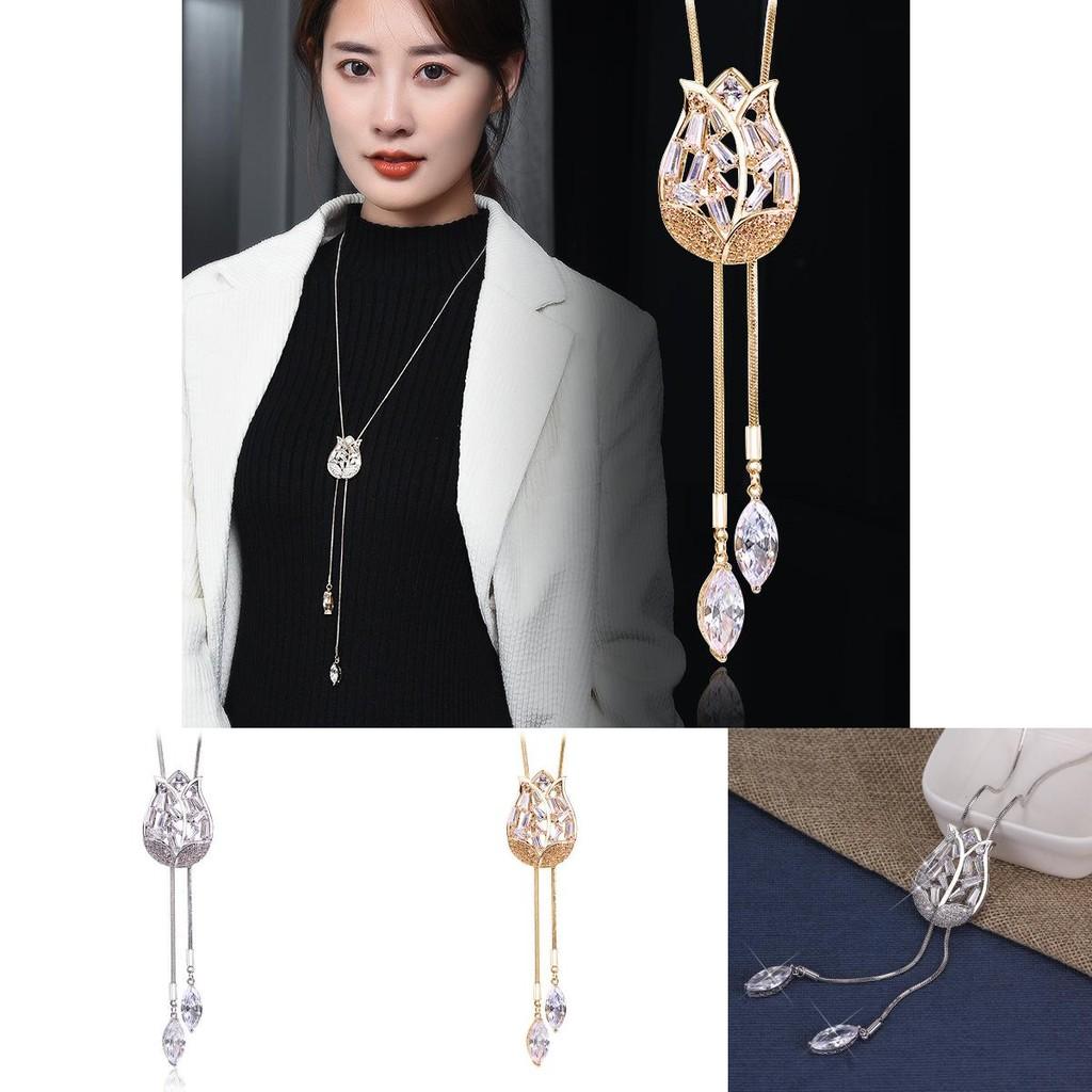 Elegante Lange Tulpen-Anhänger-Halskette Mit Funkelndem Zirkonia Für Stilvolle Frauen