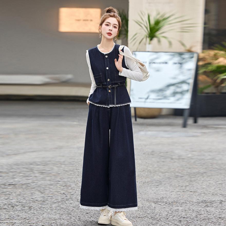 

Кружевной джинсовый жилет + рубашка + брюки клеш тройка женский весенний новый модный костюм S джинсовый синий