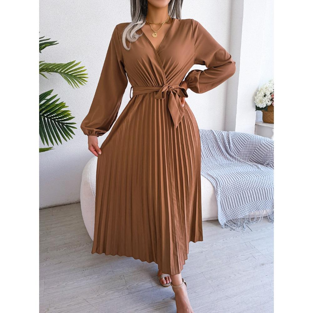 Spring and Summer Temperament Cross V-neck Big Swing Pleated Long Dress Ladies Loose Versatile New Dresses