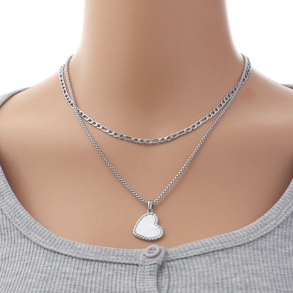 Titanium Steel Double Stacked Neck Chain Sweet Charm Heart Clavicle Chain  Birthday Gift