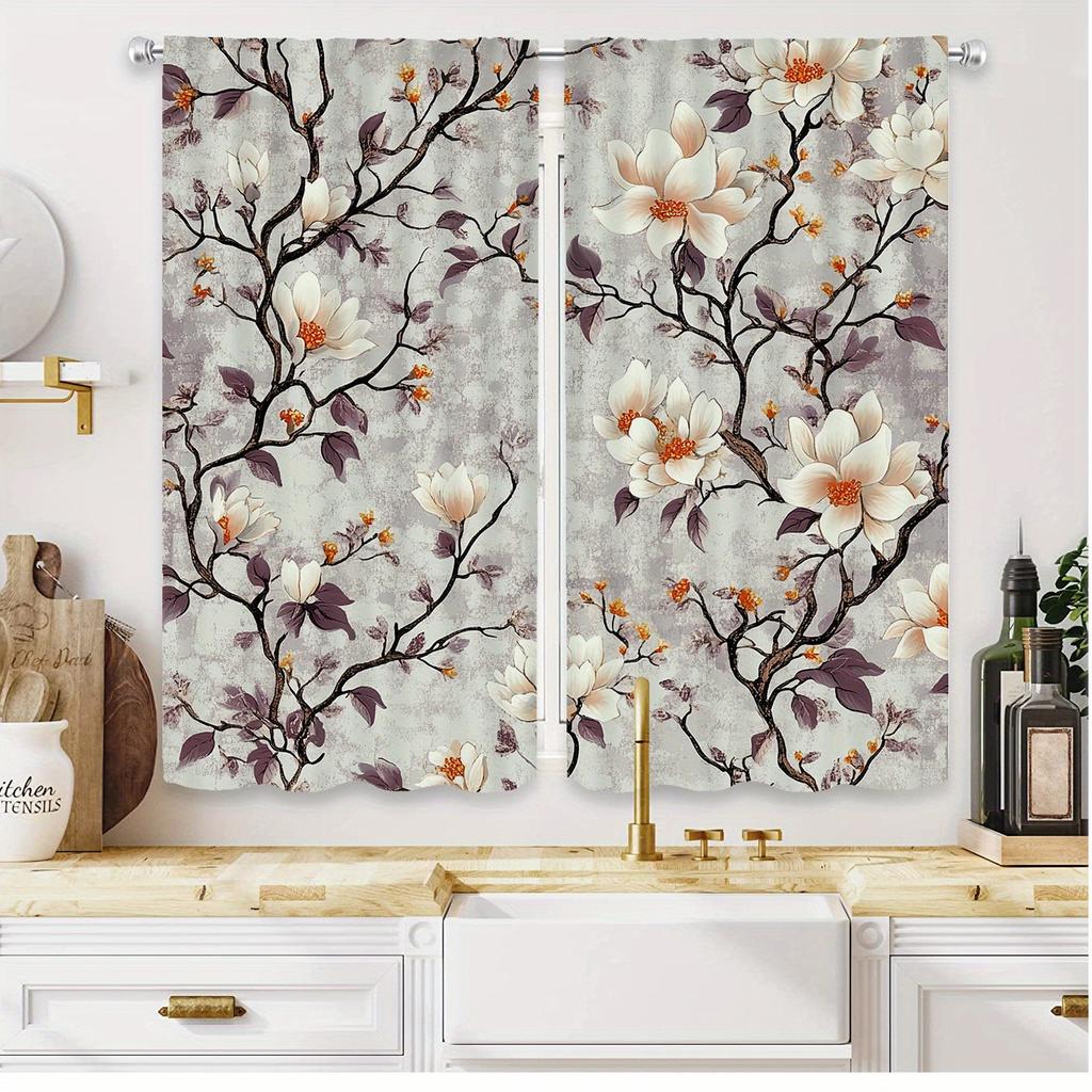 2Pc Magnolia Flower Print Curtains, Polyester Fabric, Machine Washable, Suitable For Bedroom Living Room Decoration