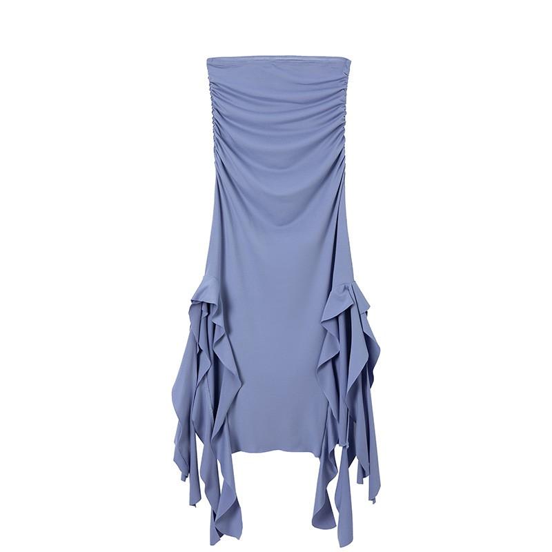 2026 Womens Off-Shoulder Tube Top Bodycon Asymmetrical Hem Pleated Maxi Dress Solid Color Street Chic
