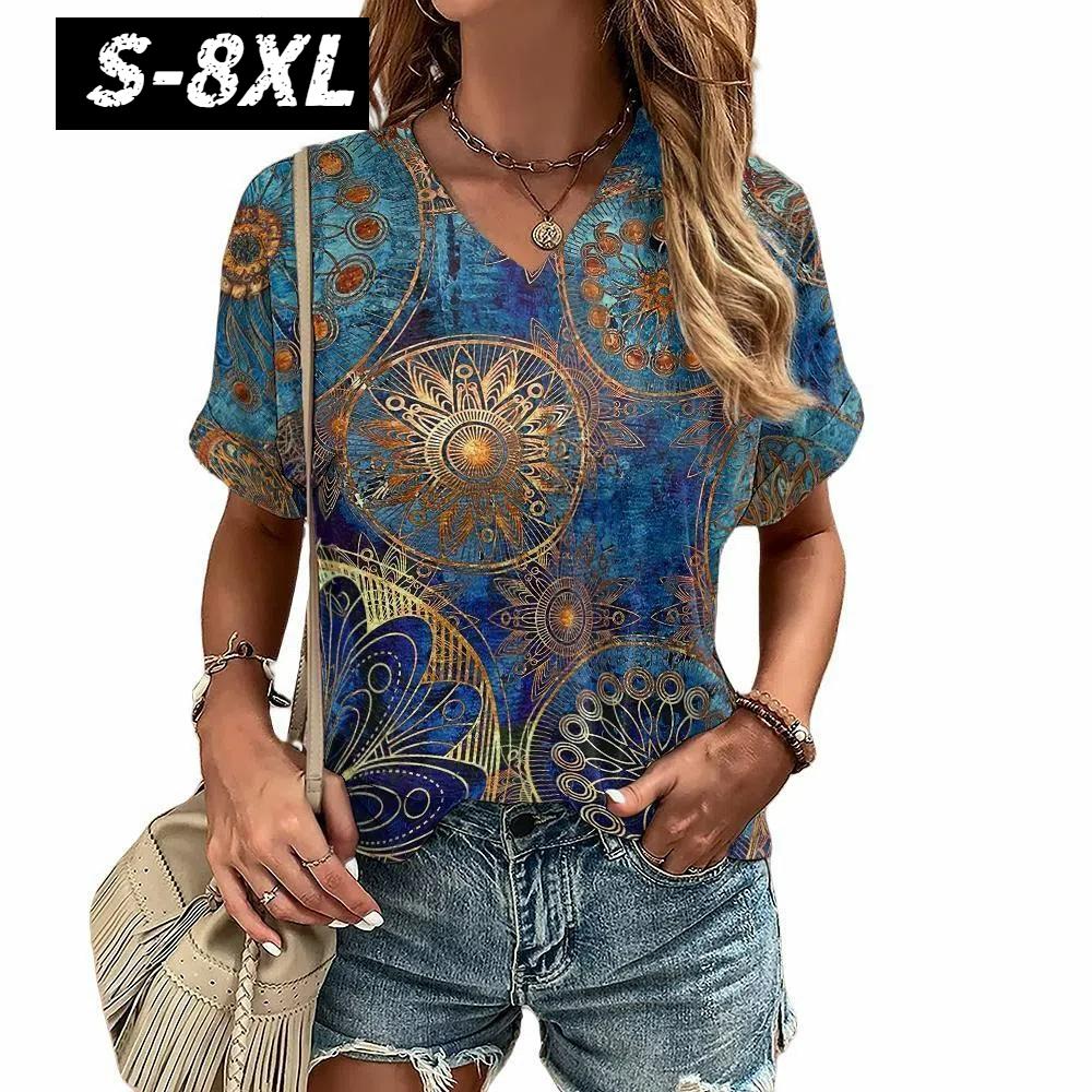 S-8XL Plus Size T-shirt for Women's Summer Short Sleeve Casual Tops Street Fashion V Neck T-Shirt Female Clothing Pullover